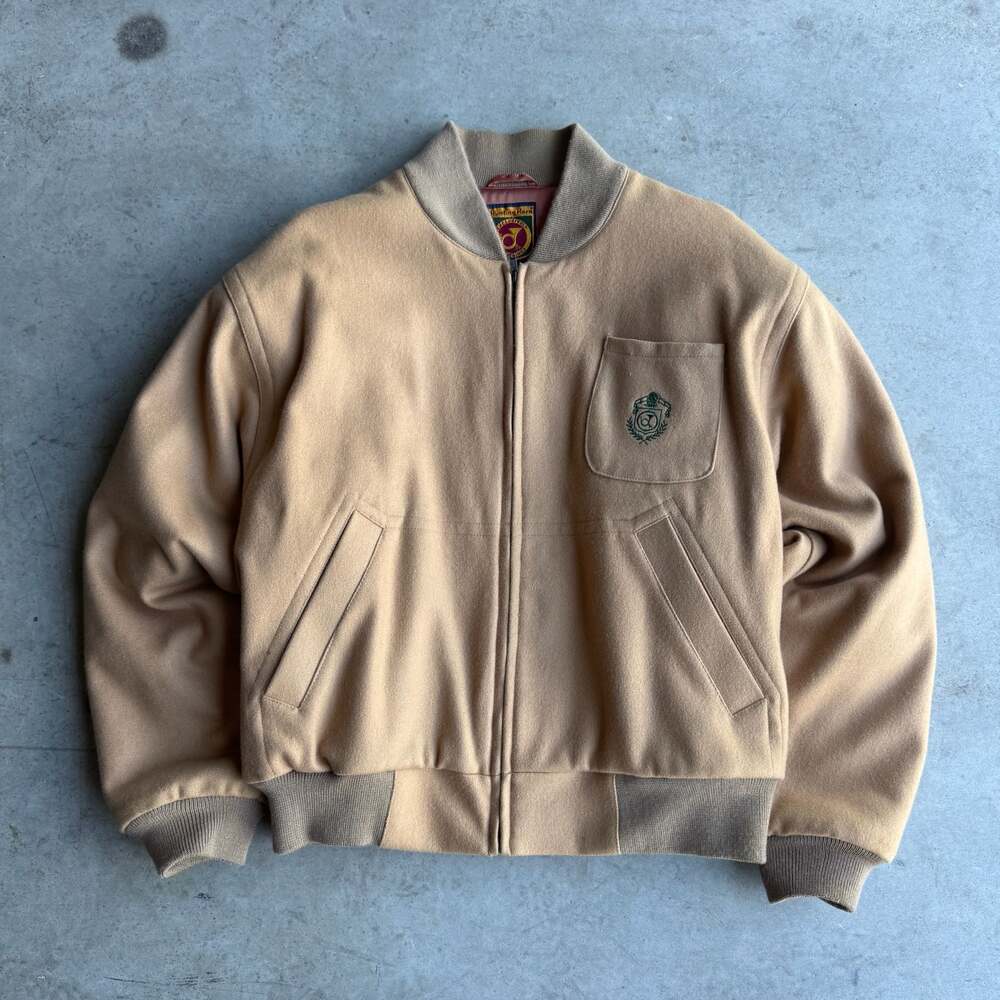 Hunting Horn Vintage Wool Blend Bomber Jacket with Logo Crest